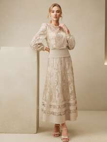 Anewsta 春秋季银灰色法式优雅圆领收腰蕾丝灯笼袖高腰中长连衣裙，尽显女性魅力 - 銀色 - 查看 4