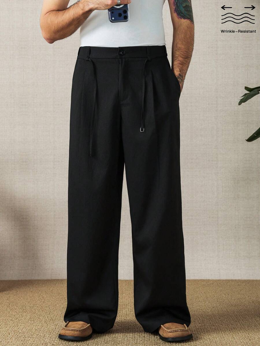 Manfinity Homme Men's Solid Color Pleated Button Relaxed Fit Casual Wide Leg Pants Japanese Pants For Men - Black - View 1