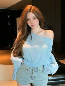 DAZY 女款純色性感斜肩休閒百搭日常穿著長袖T恤，大尺寸泳裝罩衫，淺藍色，秋季居家休閒 - 藍色 - 查看 6