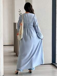 女士度假休闲纯色喇叭袖系带长衬衫 - 藍色 - 查看 7