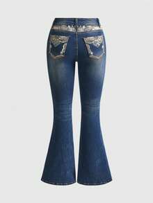 ROMWE Grunge Punk Y2K Retro Cashew Flower Embroidery Slim Fit Flare Leg Women Jeans - Blue - View 1