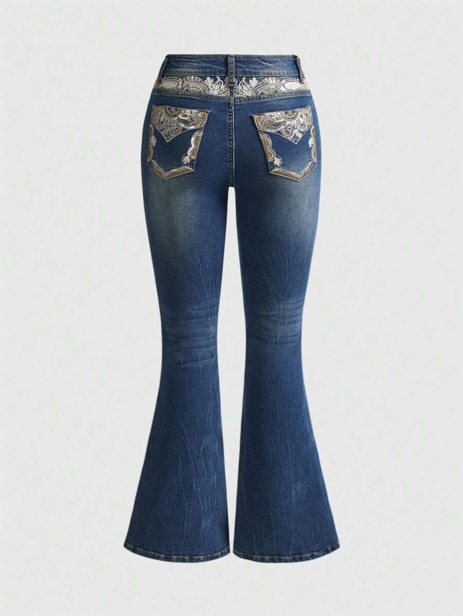 ROMWE Grunge Punk Y2K Retro Cashew Flower Embroidery Slim Fit Flare Leg Women Jeans - Blue - View 1