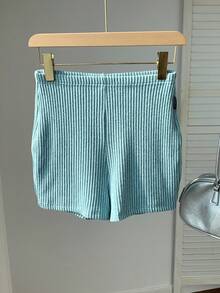 Comfortcana Women's Casual Ribbed Knit Cycling Shorts, Solid Color, Suitable For Daily Commute, Summer - Blue - View 2