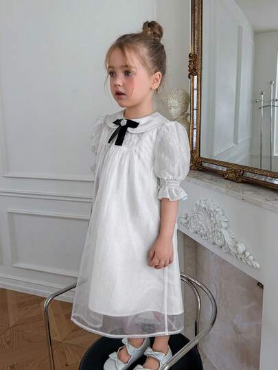 DAZY Girls (Small) Sweet Peter Pan Collar Bow Beaded Mesh Dress, Summer New Arrival