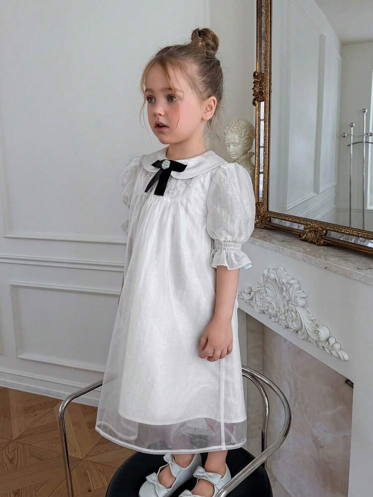 Young Girls Sweet Peter Pan Collar Bow Beaded Mesh Dress, Summer New Arrival