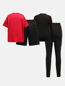 SHEIN Conjunto deportivo informal de 4 piezas para niño preadolescente con camiseta de manga corta con cuello redondo y estampado gráfico, y pantalones cortos. Conjunto de chándal de punto con top de manga larga y pantalones - Rojo - Ver 3