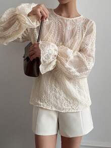 DAZY Women's Round Neck Semi-Sheer Lace Flare Sleeve Blouse - Apricot - View 6