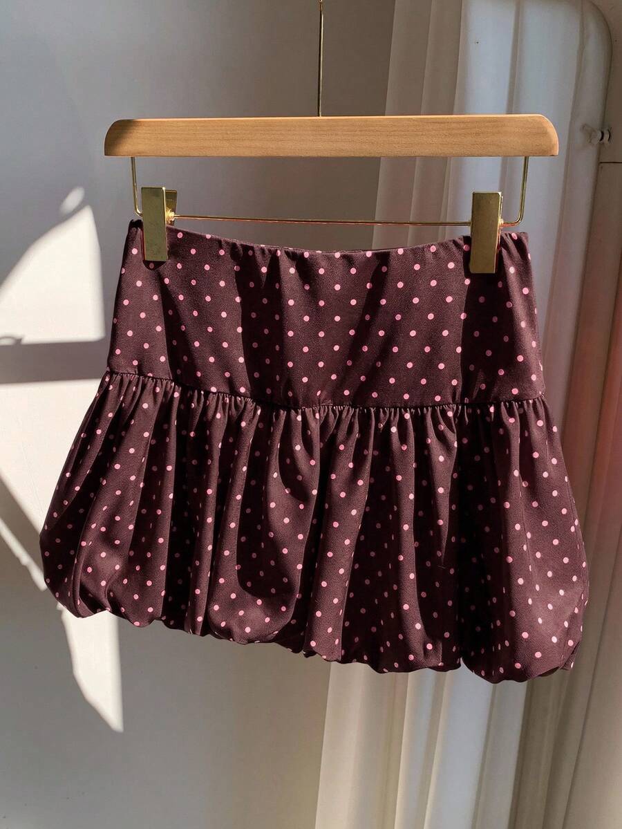 Comfortcana 女士极简波点印花A字迷你裙，休闲日常穿着，棕色波点迷你裙，可爱百褶裙 - 棕色 - 查看 1