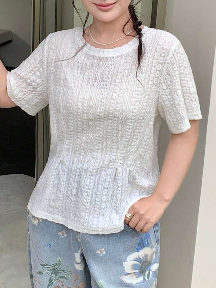 Dazy Plus Plus Size Casual Solid Color Textured Short Sleeve T-Shirt, Summer Graphic Tees Women
