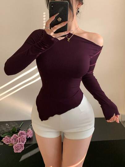 DAZY Camiseta de manga larga de uso diario casual con bajo asimétrico de unicolor para mujer