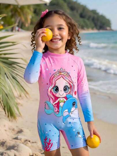 Traje de baño de una pieza para niñas, nuevo y elegante estampado de sirena rosa y animales marinos con mangas cortas y shorts, moda casual elegante y refinada, deportiva, vibrante, linda y activa, adecuado para nadar, playa, piscina, sesión de fotos, regalo, parque acuático, spa en verano