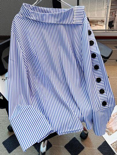 GlowEve CURVE Plus Size Women Stand Collar Striped Long Sleeve Shirt, Suitable For Commuting And Outings Blue And White Striped Shirt Striped Button Up
