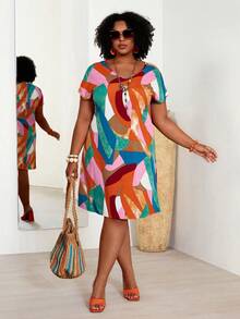 BrightlyHer Plus Size Colorful Floral Print Batwing Sleeve Casual Vacation Dress,Summer Outfits For Women / Summer / Summer Clothes,Boho Women Clothing - Multicolor - View 7