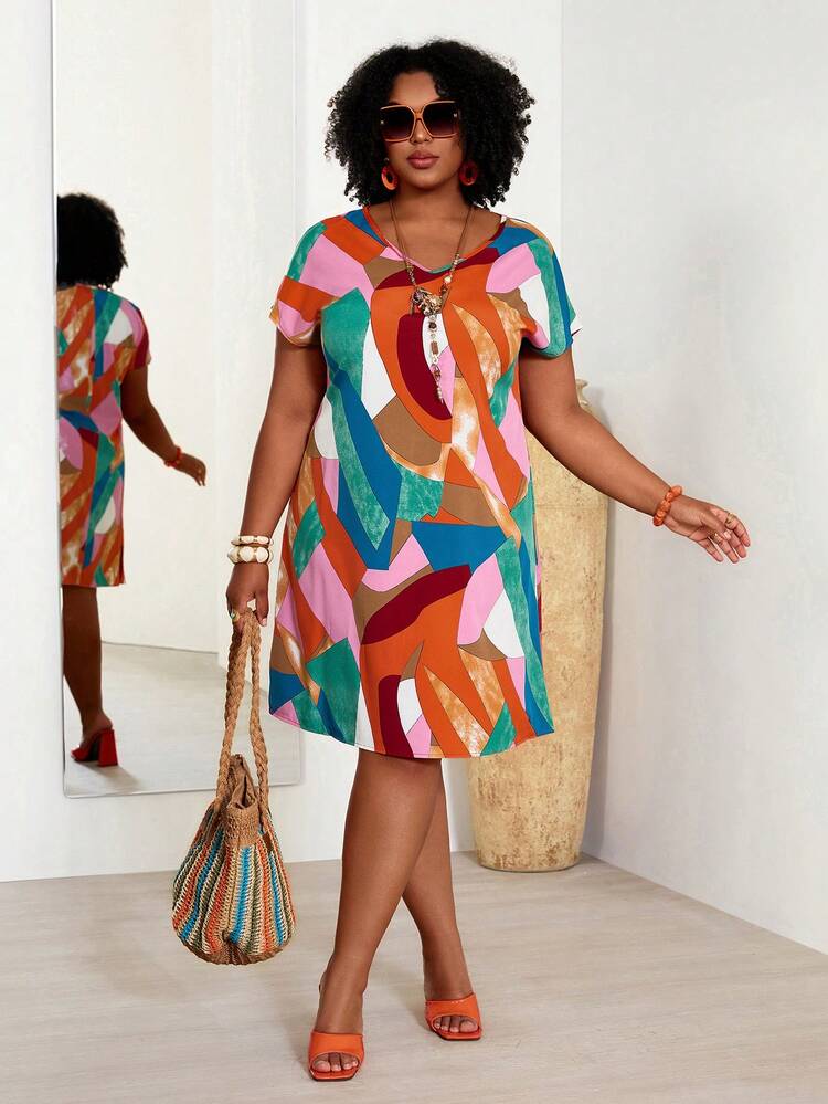 Plus Size Colorful Floral Print Batwing Sleeve Casual Vacation Dress,Summer Outfits For Women / Summer / Summer Clothes,Boho Women Clothing