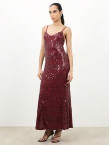 KSTM Burgundy Sequin Cami Strap V Neck Maxi Dress Evening Formal Party Holiday Sparkle Gown - Burgundy - View 3