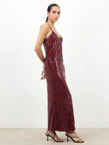KSTM Burgundy Sequin Cami Strap V Neck Maxi Dress Evening Formal Party Holiday Sparkle Gown - Burgundy - View 4