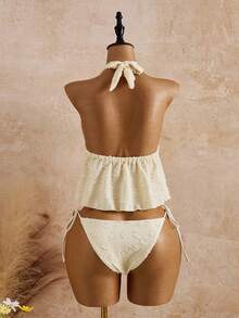 Bellisia Women's Summer Beach Contrast Lace Front Tie Halter Tankini Swimsuit Set - Light Yellow - View 2