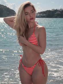 Turnttoni Women Striped Beach Swimsuit Set For Vacation For Summer - Red - View 6