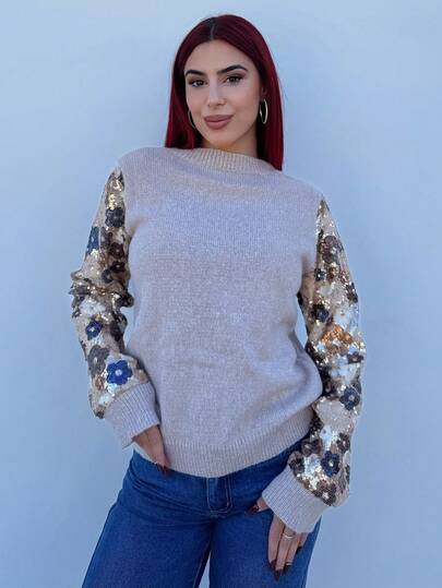 Bearsaez 女士冬季毛衣，棕色，优雅亮片刺绣，休闲百搭，亮片拼接，秋冬高端风格，适合日常通勤、秋季叠穿、秋冬新品、日常穿着及叠穿、返校季、秋季女装、可爱上衣、外出上衣、复古女装、商务休闲女装、派对穿搭、四季皆宜。