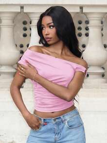 Mima John Ladies' Solid Color Ruched Asymmetrical Neck Asymmetric Summer Blouse - Baby Pink - View 4