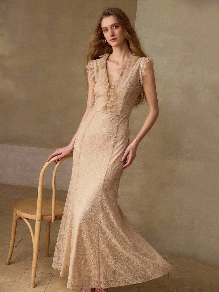 WOMEN'S ROMANTIC LACE EMBROIDERED HOLLOW-OUT ELASTIC LONG DRESS, SPRING/SUMMER