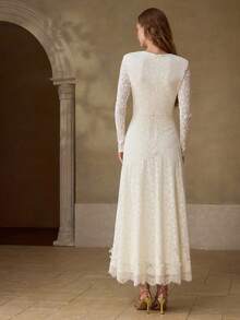 MOTF PREMIUM WOMEN'S ELASTIC FLORAL LACE PATCHWORK A-LINE LONG DRESS, SPRING/SUMMER - Beige - View 3