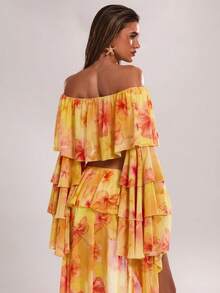 SHEIN BAE 女士春夏休闲度假印花荷叶边不规则长袖衬衫，沙滩度假上衣，适合沙滩度假、休闲度假，优雅法式风格上衣 - 黃色 - 查看 2