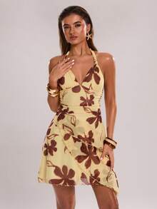 SHEIN BAE Casual Vacation Halter Backless Asymmetrical Hem Dress, Suitable For Spring/Summer Vacation, Sisters' Vacation, Beach Vacation, Beach Travel, Music Festival, Y2K, Sexy Playful Dress, Yellow Floral Dress Sexy Sundress Sexy Sun Dress Flower Dress Woman Hawaii Outfits Women Dress - Yellow - View 8
