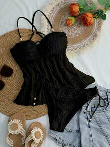 Swim Mod Women's Solid Apricot Textured Fabric Beaded Decor Camisole & Bikini Set, Suitable For Summer Beach & Vacation Black Swimsuit - Black - View 3