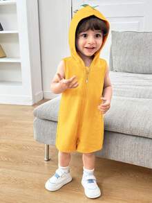 SHEIN Neugeborenen Baby Jungen/Mädchen Lässig süßer blauer Dinosaurier gestrickter Kapuzen-Romper - Gelb - Übersicht 2
