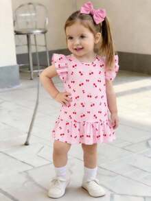 SHEIN 女婴爱心图案荷叶边下摆短袖连衣裙，夏季可爱女婴无袖连衣裙 - 粉色 - 查看 9