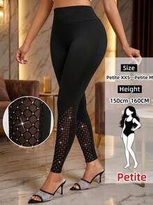 SHEIN Lady Petite Leggings de mujer de cintura alta con parches de encaje, talla pequeña - Negro - Ver 1