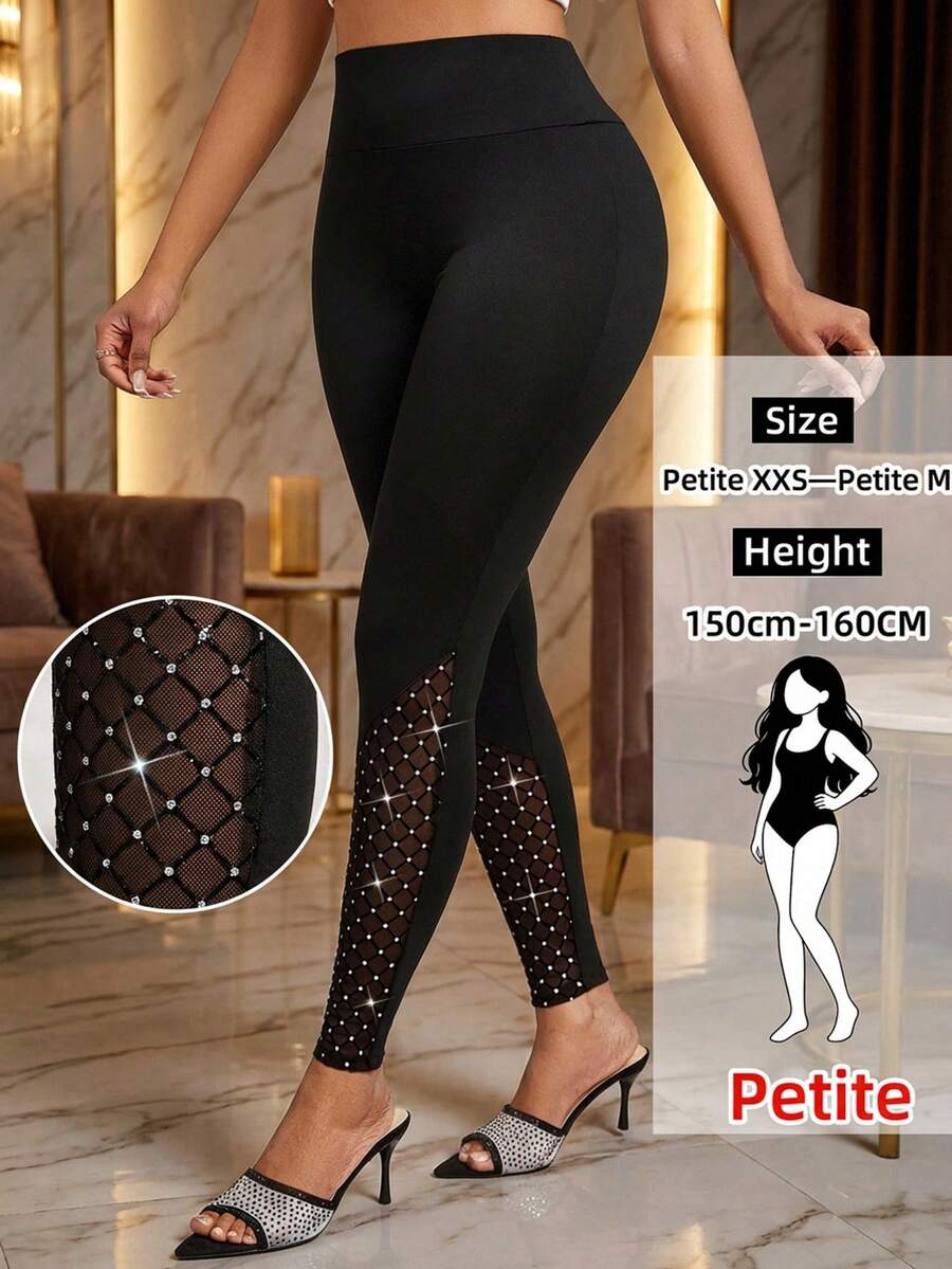 SHEIN Lady Petite Leggings de mujer de cintura alta con parches de encaje, talla pequeña - Negro - Ver 1