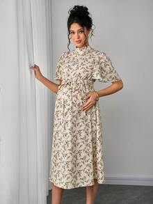 Momance Maternity Ruffle Sleeve Tie-Front Open Back Ditsy Floral Dress - Multicolor - View 3