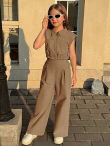 Firerie Kids Firerie Kids Nova Glow 2pcs/Set Tween Girls Casual Collared Pocket Shirt And Straight Leg Pants, Commuter Outfit - Brown - View 5