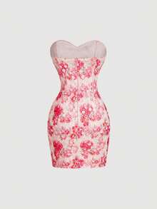 SHEIN MOD Women's Elegant Floral Print Lace Trim Fitted Tube Dress, Summer - Pink - View 5