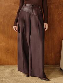 Anewsta Quần ống rộng phối da thời trang dành cho nữ cỡ lớn, thiết kế cạp cao giúp thon gọn, thích hợp cho mùa thu. - Cà phê nâu - Xem 5