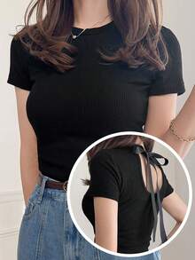 FRIFUL Áo thun nữ cổ tròn ôm sát, chất liệu vải gân, dáng slim fit, thích hợp cho mùa hè. - màu đen - Xem 1