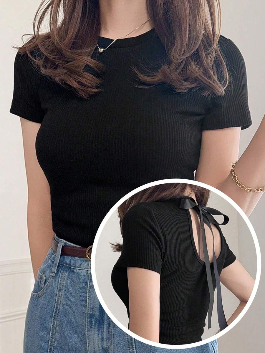 FRIFUL Áo thun nữ cổ tròn ôm sát, chất liệu vải gân, dáng slim fit, thích hợp cho mùa hè. - màu đen - Xem 1