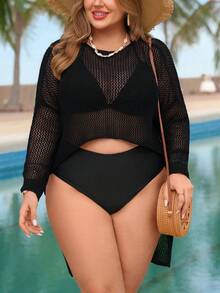 Swim Lushoire Plus Size Women Swimsuit Cover Up, Hollow Out Beach Dress With Short Front And Long Back Sleeves - Black - View 6