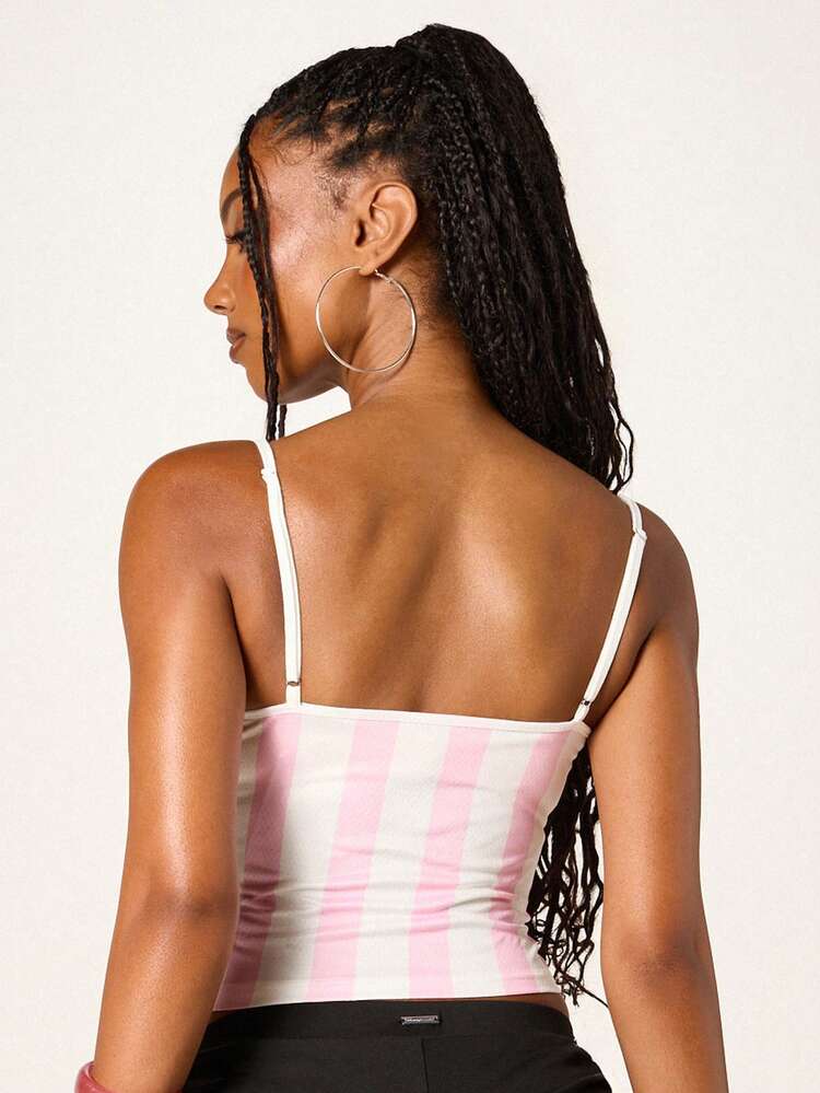Missguided x Playboy レディース ピンクホワイトストライプキャミソールタンクトップ、ナンバー53プリント、ノースリーブ、カジュアル、夏用