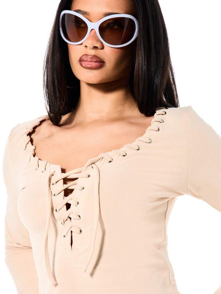 SUMWON Women's Long Sleeve Eyelet Lace Up Scoop Neck Top With Drawstring Details And Grommets For Fall Winter Casual Look