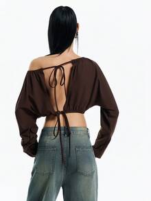 Airlisse Women's Backless Tie Strap Cropped Oblique Shoulder Long Sleeve Sweatshirt, Spring/Summer - Coffee Brown - View 1