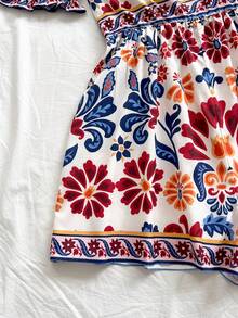 Soleia Bộ jumpsuit nữ màu xanh lá cây và trắng in họa tiết, cổ vuông, tay cánh hoa, eo thon, ống rộng, thích hợp cho kỳ nghỉ. - Nhiều màu - Xem 6