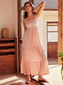 波西米亚风U领露背蝴蝶结荷叶边下摆长款睡裙 - 藕粉色 - 查看 4