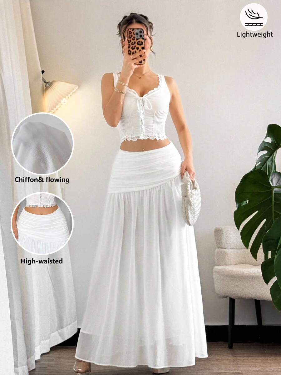 Women's Elegant Minimalist White Chiffon Asymmetric Zipper Pleated A-Line Long Skirt, Suitable For Summer, Beach, Vacation, Casual Commute Wear - White - View 1