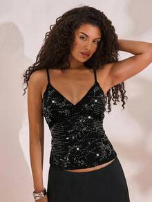 Opulessa 纯色串珠刺绣露背吊带背心（女款） - 黑色 - 查看 6