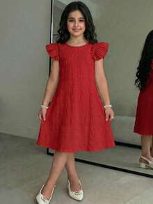 SHEIN Tween Girl Frill Trim Keyhole Back Butterfly Sleeve Dress - Red - View 3