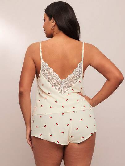 SHEIN BAE 加大码樱桃雪纺背心，蕾丝背部设计和宽松舒适的短裤套装，丰富的花卉图案，舒适优雅的细节