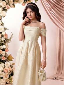 SHEIN Pitira Vestido elegante de hombros descubiertos de jacquard en color albaricoque para adolescentes - Albaricoque - Ver 5